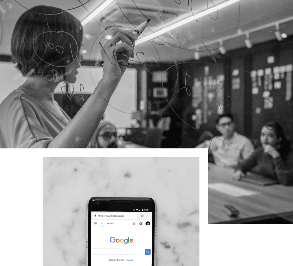 Image collage of a woman writing on a clear board and an image of a phone with Google on it