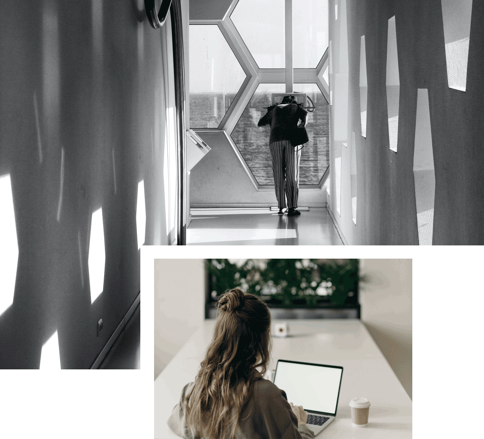 Image collage of a woman looking out a window and another of a woman working on a laptop