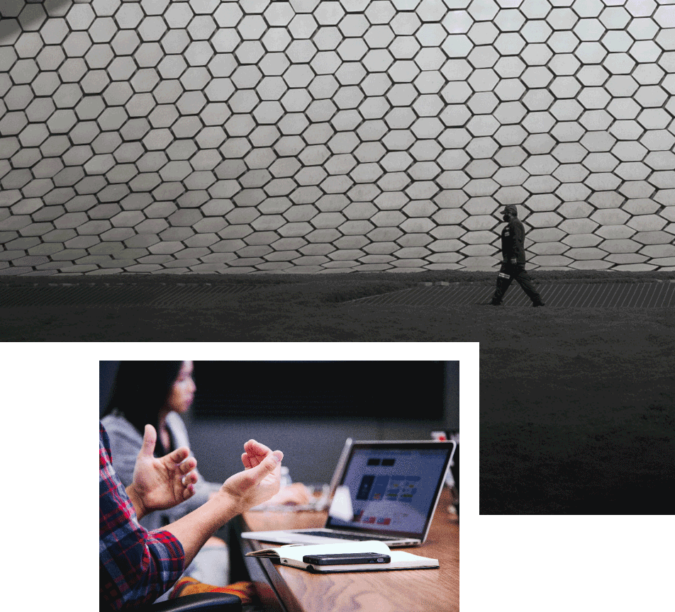 Image collage of someone walking past hexagon structure and someone presenting to a group