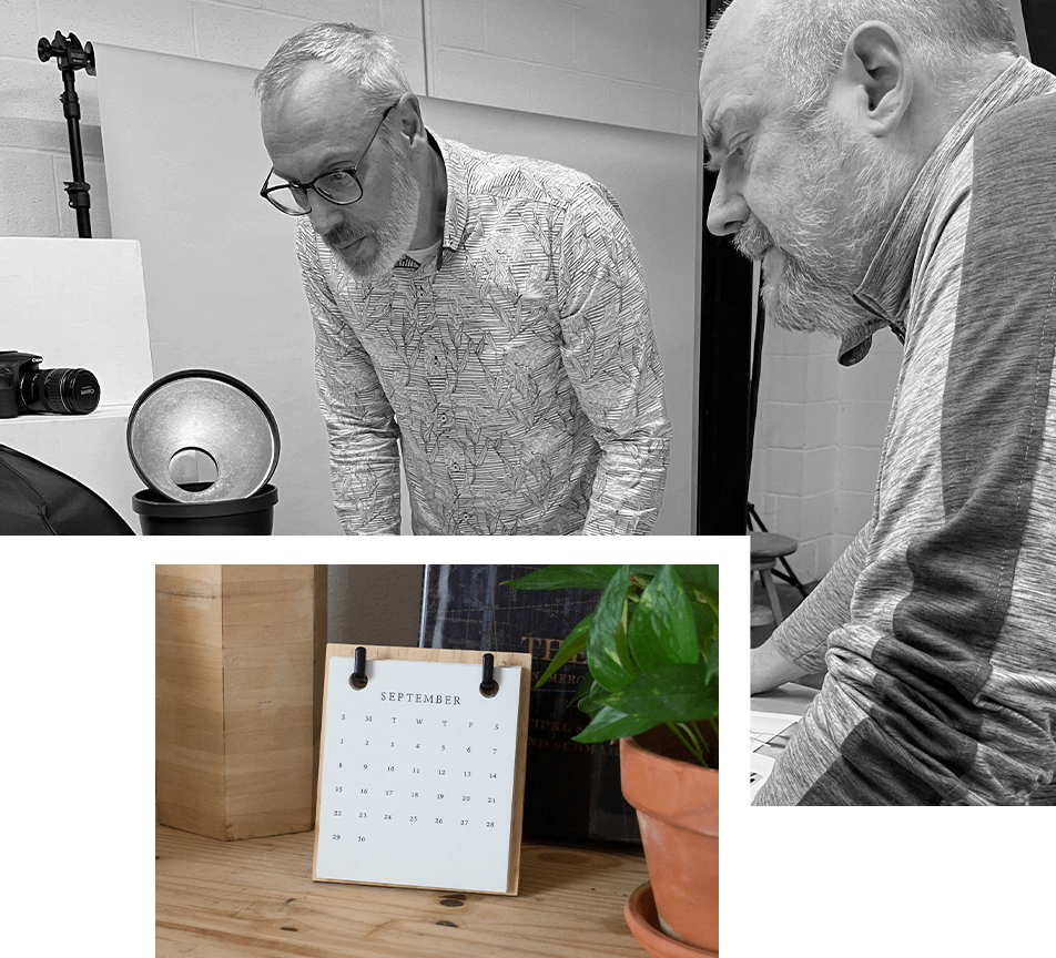 Image collage of two men looking down and an image of a flip calendar