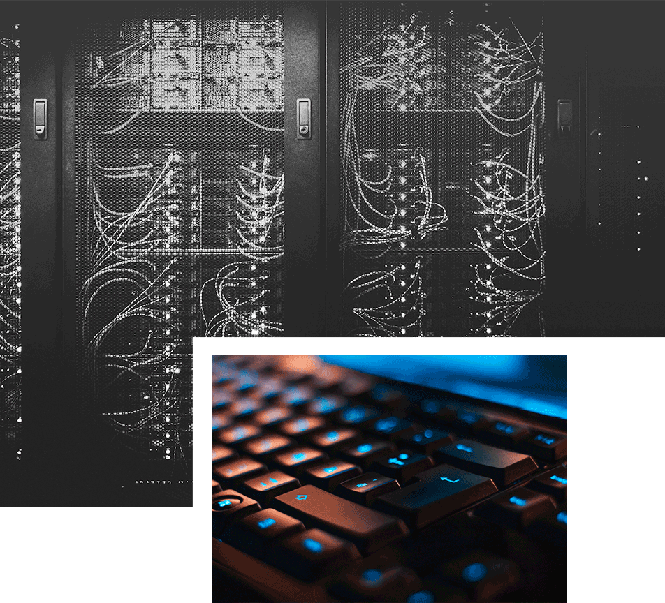 Image collage of a server and a close up of a keyboard