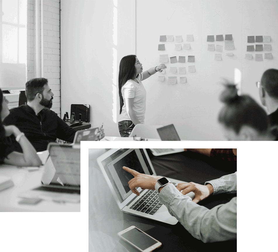 Image collage of a woman presenting in front of people and an image of someone pointing at a laptop