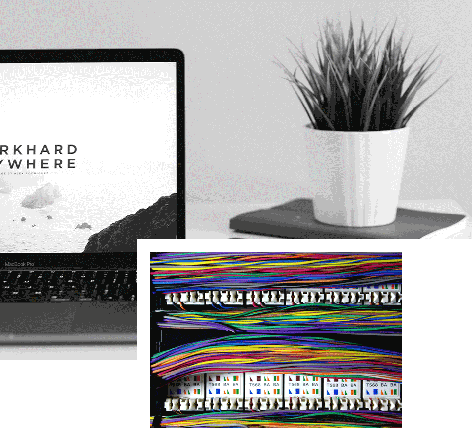 Image collage of a laptop and a plant pot and an image of coloured wires