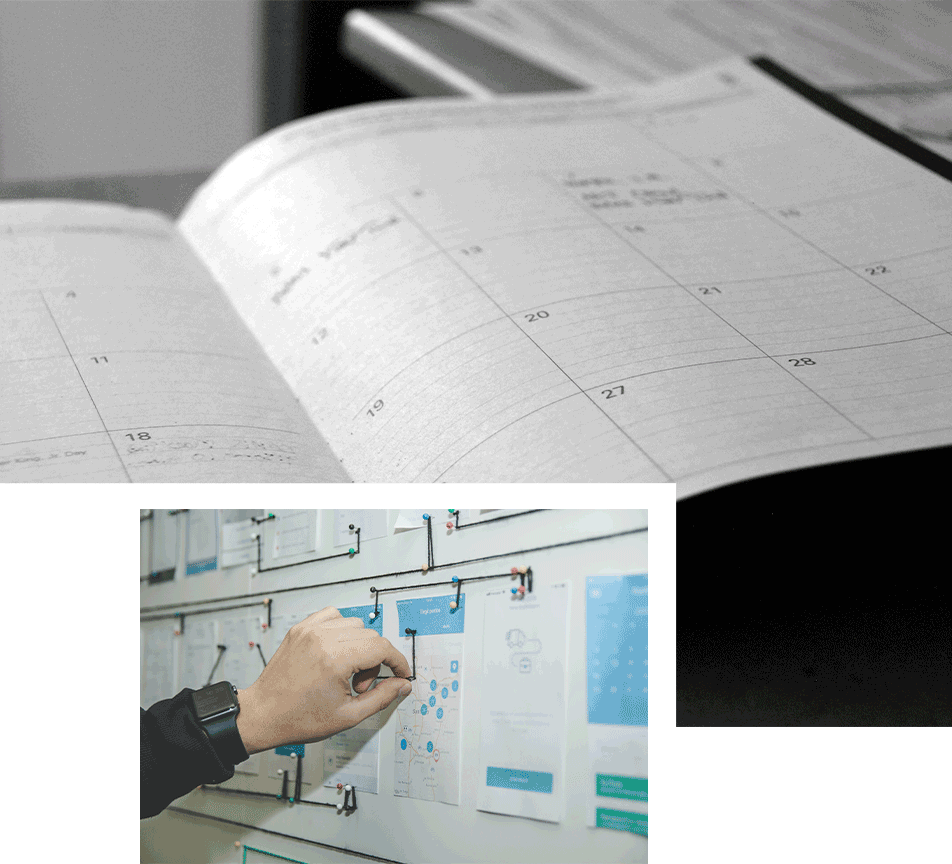 Image collage of a calendar and someone putting a pin on a board
