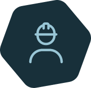 Hard hat worker icon on a dark hexagon, symbolizing safety or construction worker.