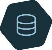 Database icon (stacked cylinders) on a dark blue hexagonal badge.