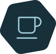 Coffee cup icon on a dark hexagonal badge background
