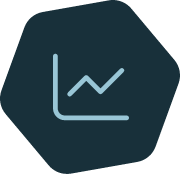 Line chart icon indicating analytics or data trends on a dark-blue polygon badge