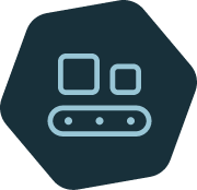 Minimalist robot icon featuring two square eyes above a rounded mouth/bar on a dark hexagonal badge.