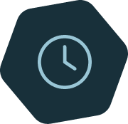 Clock icon inside a dark blue hexagon, representing time