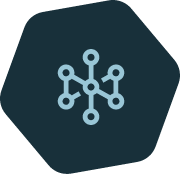 Icon of a connected network (interconnected nodes) inside a dark hexagon, representing networking or graph connectivity.
