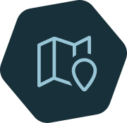 Icon of a map with a location pin on a dark teal hexagon background
