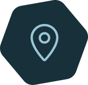 Location pin inside a dark hexagon, representing a map/location feature with a light-blue pin.